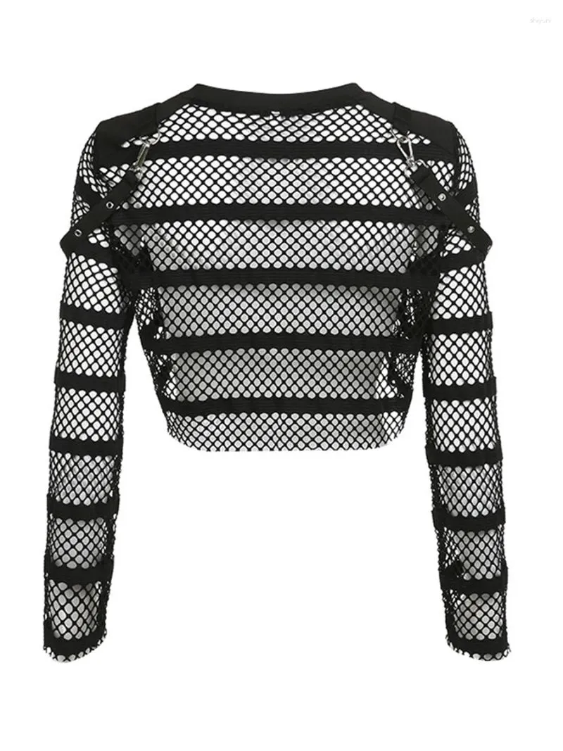 Kvinnors T-skjortor Kvinnor S Summer Fashion Crop Topps Black Long Sleeve Crewneck Sheer Mesh Hollow T-shirt