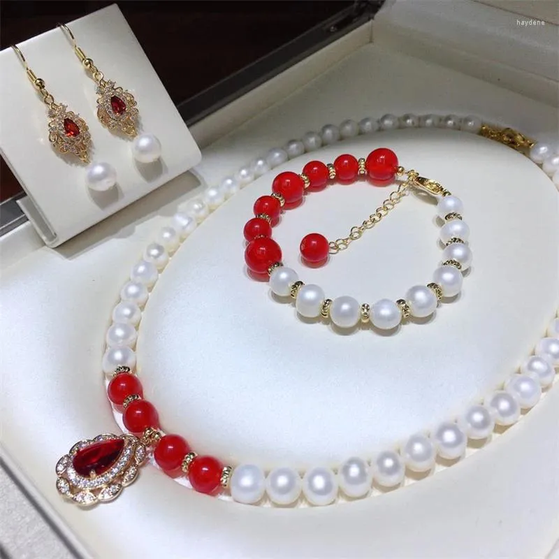 Necklace Earrings Set HABITOO Natural White 9-10mm Round Freshwater Pearl Red Jade Bead Bracelet Ruby Cubic Zircon Gifts