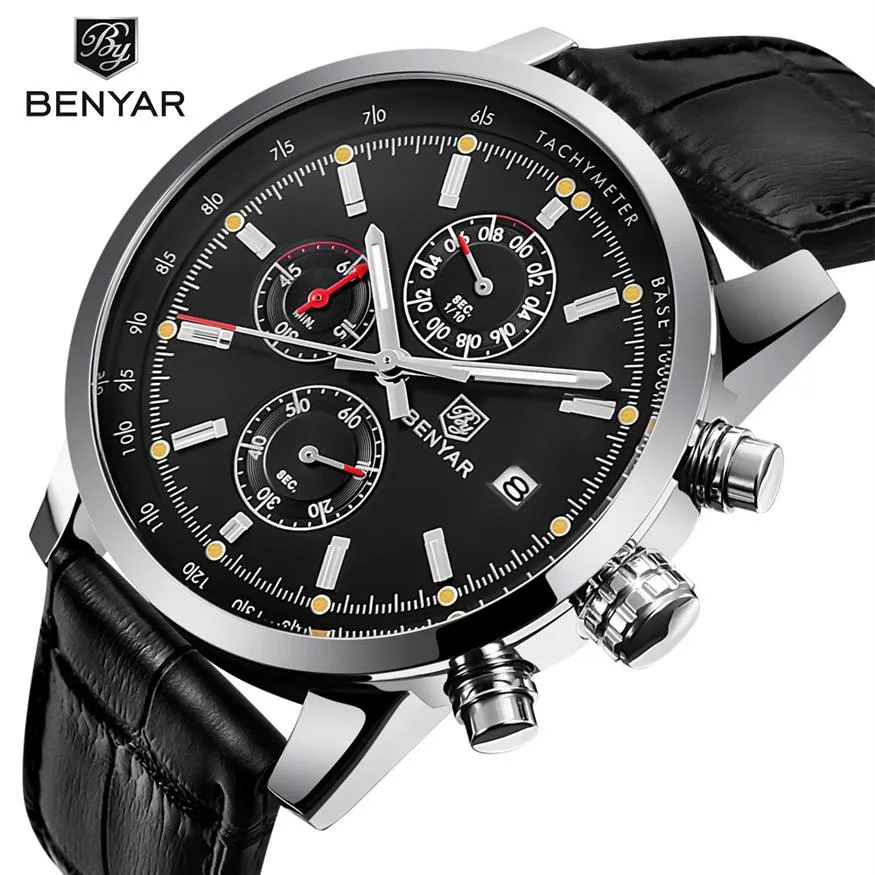 Benyar nieuwe mode chronograaf echte lederen sport heren horloges topmerk luxe militaire kwarts horloge klokrelogio masculino252r