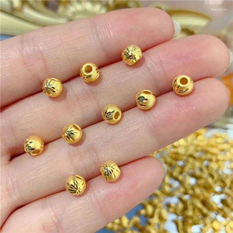 Pierres précieuses en vrac, perles rondes en or jaune pur 24 carats, 5mm sculptées