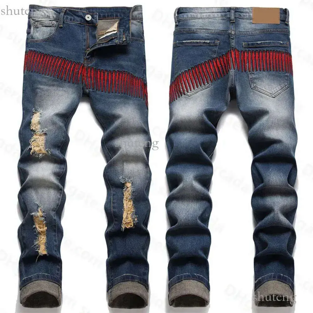 Amirs Purple Jeansigner Mens Jeans High Street America para homens bordados de grande tamanho Rapped hole hole jeans 2023 Novo Streetwear da moda 591