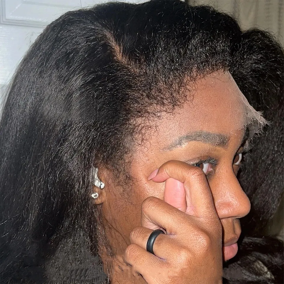 Yaki kinky kanter lockigt babyhår människa hår peruk 360 full naturlig hd spets frontala peruk kinky rak spets front peruker förhandsgranskad 150%densitet för svarta kvinnor