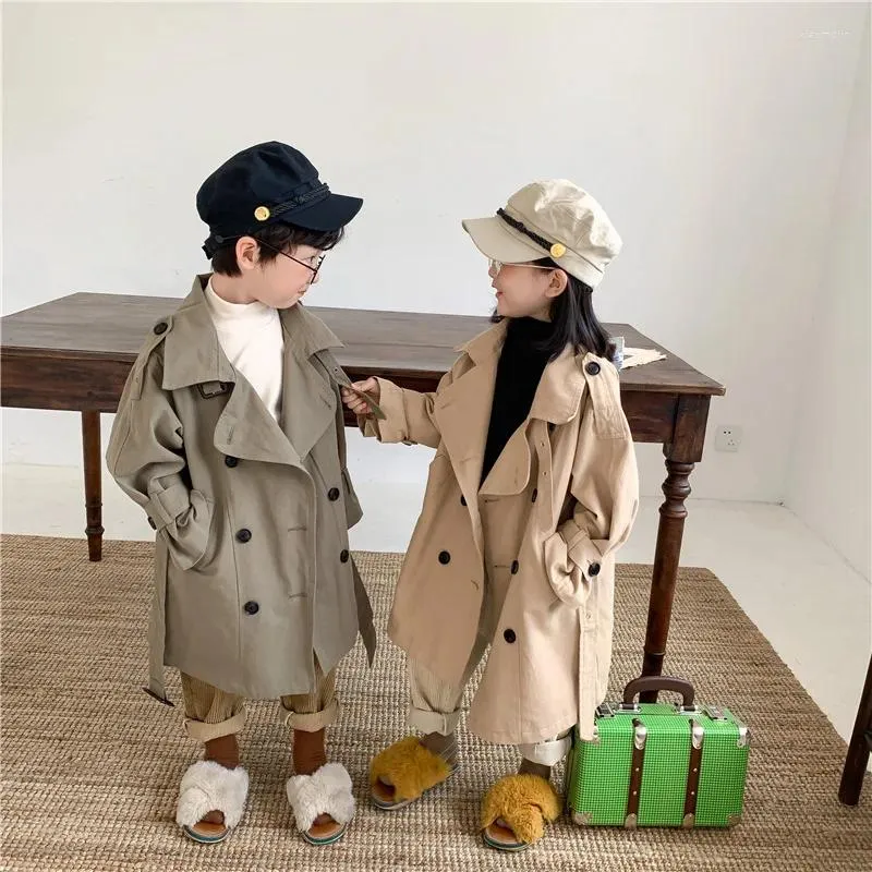 Manteau d'automne pour enfants, veste pour filles et garçons, Double boutonnage, Trench à revers, manches longues, avec ceinture, vêtements d'extérieur décontractés