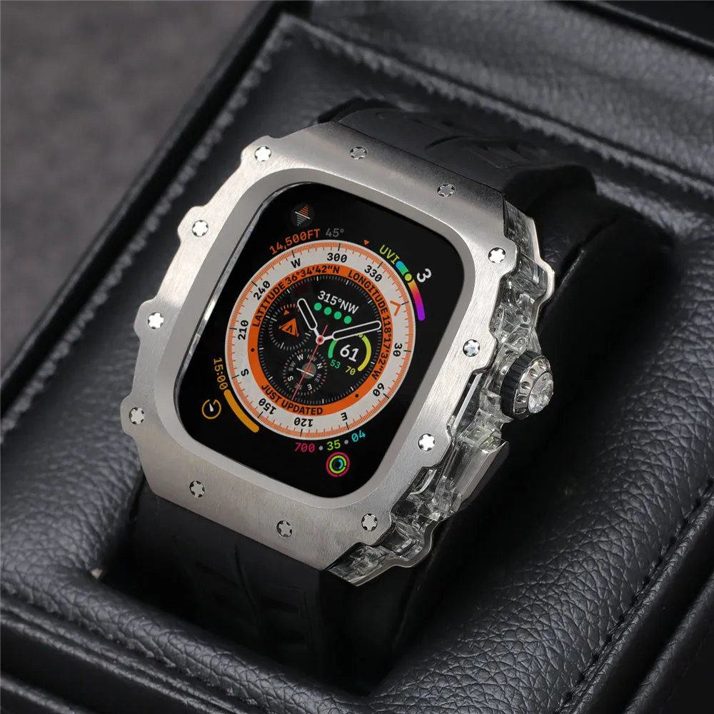AP Mod Kit Premium-Titanlegierungsgehäuse für Apple Watch Serie 9 8 7 6 5 4 SE Ultra Fluorkautschukband 44 mm 45 mm 49 mm