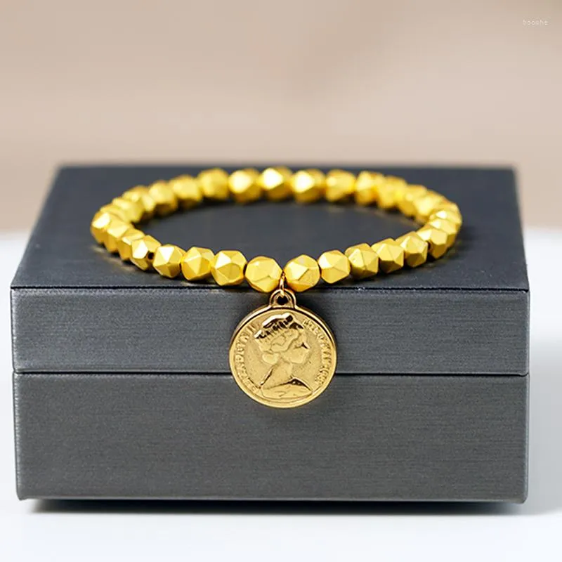 Strand Matte Gold Color Queen Elizabeth II Bransoletka monety ze stali nierdzewnej urok biżuterii Nature Hematytowe koraliki dla mężczyzn kobiety
