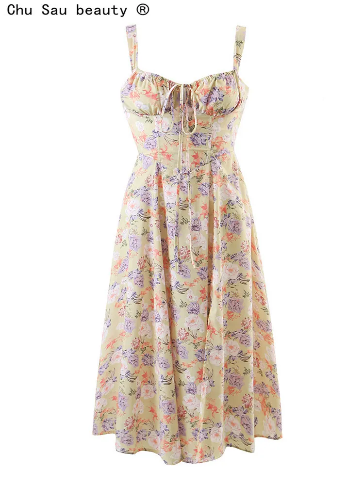 Casual jurken lente zomer vintage dames chique veter slim backless spleet spleet bloemen vierkante kraagband lange midi jurk 230421