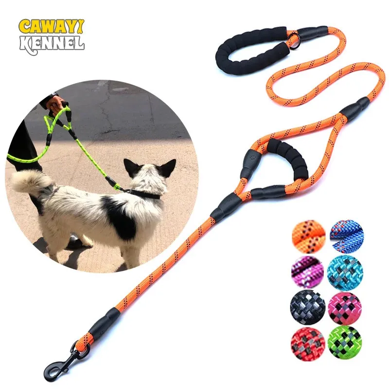 Dog Collars Leashes CAWAYI KENNEL Nylon Reflective Soft Pet Dogs Chain Traction Rope Double Handle Leash Training Walking Leads for Supplies 231122