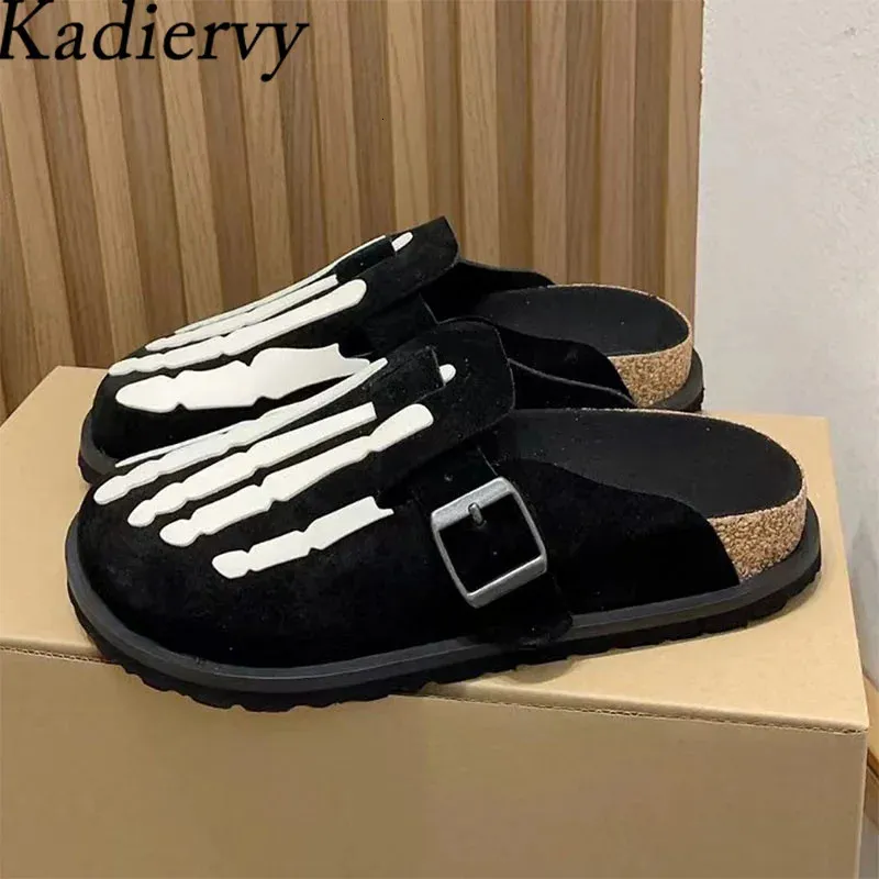 Pantofole in pelle nubuck piatta donna punta tonda fibbia in metallo scivolo scarpe autunnali unisex suola spessa metà uomo 231121