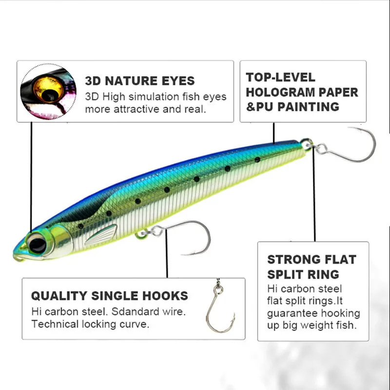 GRS Pencil Minnow Lure 110mm 60g Big Game Artificial Hard Bait With 5X Hook  For GT Tuna Sea Fishing 230421 From Hui09, $8.5