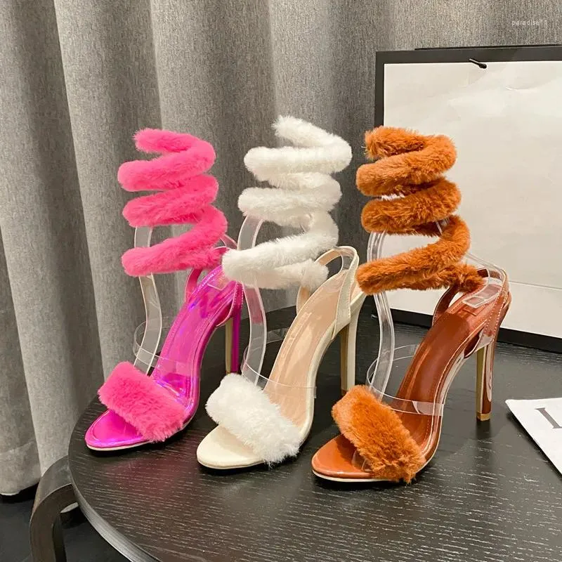 2023 Ins Furry Fur Gladiator Strappy Sandals Heels For Women Sexy