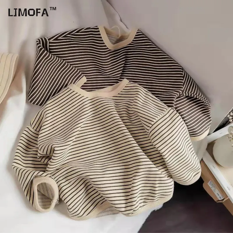 T-shirts LJMOFA Spring Boys Sweaters Tees Baby Long Sleeve Korean Loose Striped Tops children's T-shirts Bottoming Girl Clothes D182 230422