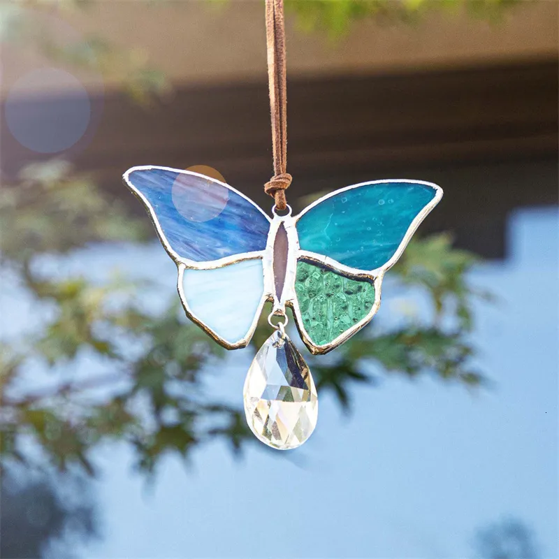 Garden Decorations H D Stained Glass Butterfly With 38mm Crystal Prisms for Window Hanging Rainbow Panel Pendant Wall Art Home Decor Christmas Gift 230422