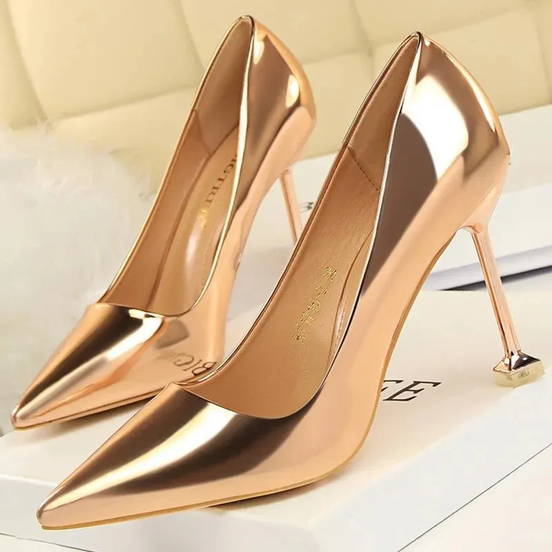 Kleid Schuhe Frauen Sexy 9,5 cm Dünne High Heels Pumps Büro Dame Patent Leder Gold Silber Stiletto Scarpins Prom hochzeit SchuheKleid