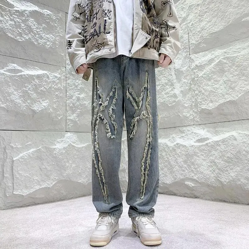 Dżinsy męskie 2023 Y2K Streetwear Cross Patchwork workowane ułożone spodnie dla mężczyzn ubrania proste kobiety stare dżinsowe spodnie Pantaloni Uomo