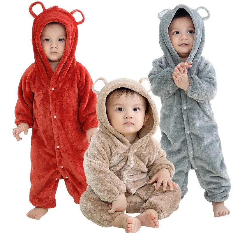 Pajamas Baby pajamas flannel jumpsuit childrens bear hoodie solid color single chest winter clothing born indoor 231122