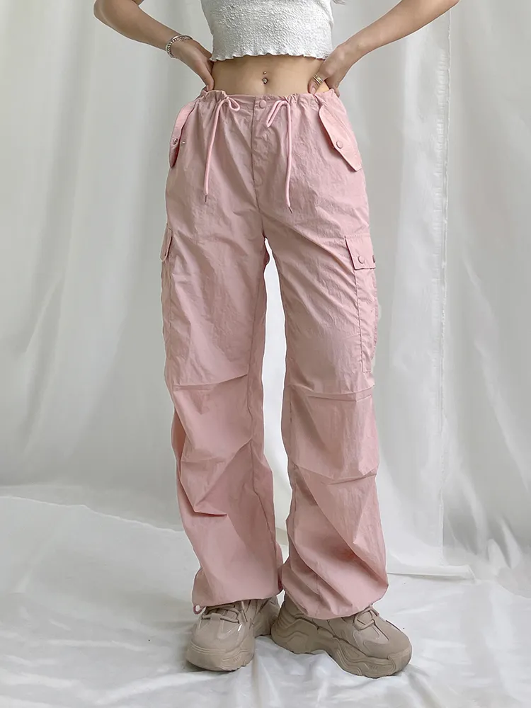 Pantalon femme Capris été Y2k Baggy Cargo taille basse cordon de serrage mode poche décontracté Kawaii rose femmes Coquette esthétique 230422