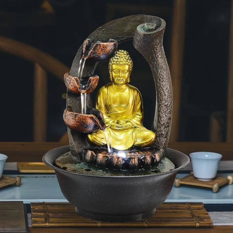 Statua di Buddha Fontane decorative Fontane d'acqua per interni Artigianato in resina Regali Feng Shui Desktop Fontana domestica 110 V 220 V E270j