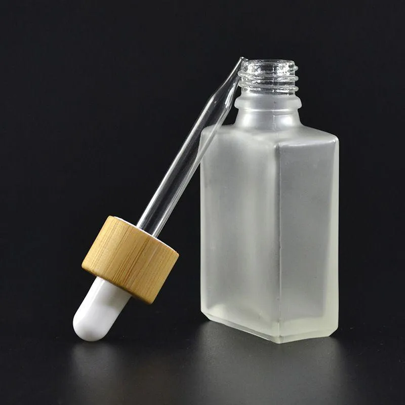 Flacons compte-gouttes en verre transparent/dépoli de 30 ml, pipette de réactif liquide, bouteilles de parfum d'huile essentielle carrées, huile de fumée, bouteilles de liquide en bambou Ejhm