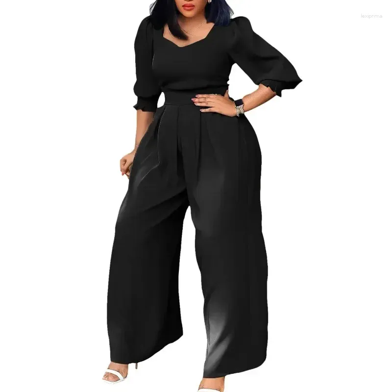 Ethnic Clothing 2023 African Clothes For Women Outfits Loose Jumpsuit Fashion Streetwear 3/4 Sleeve Blue White Black Polyester Wide Leg