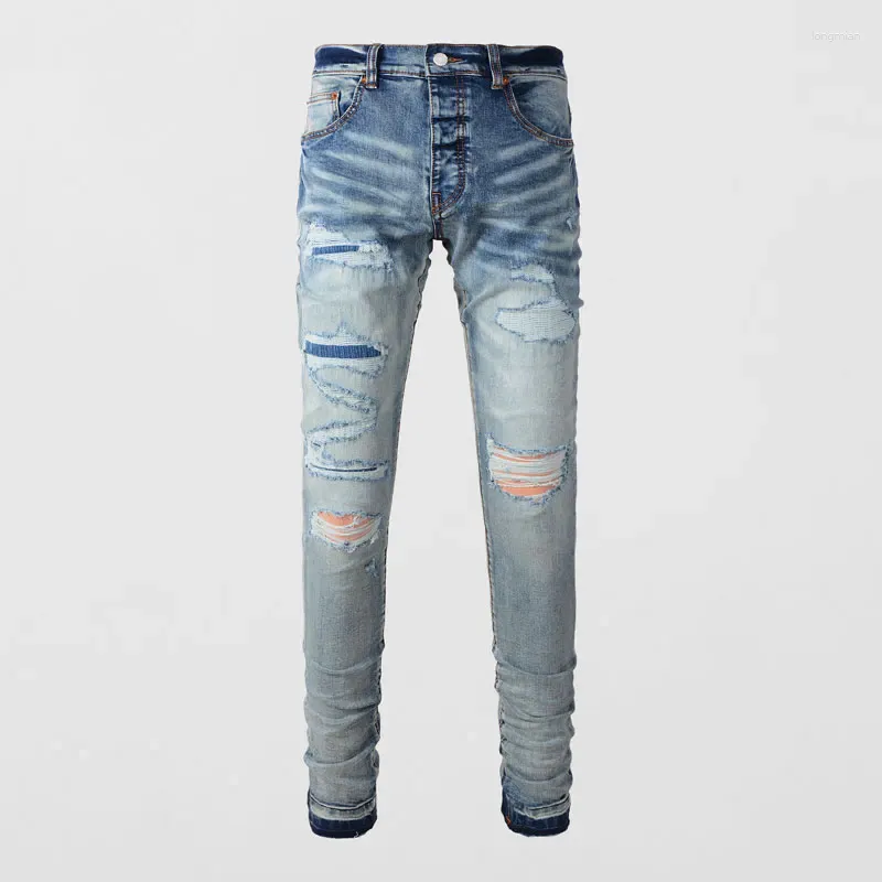 Jeans voor heren High Street Fashion heren retro lichtblauwe stretch skinny fit gescheurde paarse gepatchte designer hiphop merkbroek