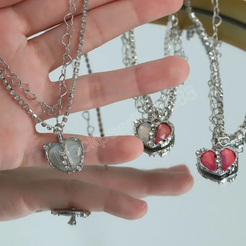 Collier pendentif coeur divisé pour femmes fille cristal rose doux Cool clavicule chaîne colliers mode bijoux cadeaux