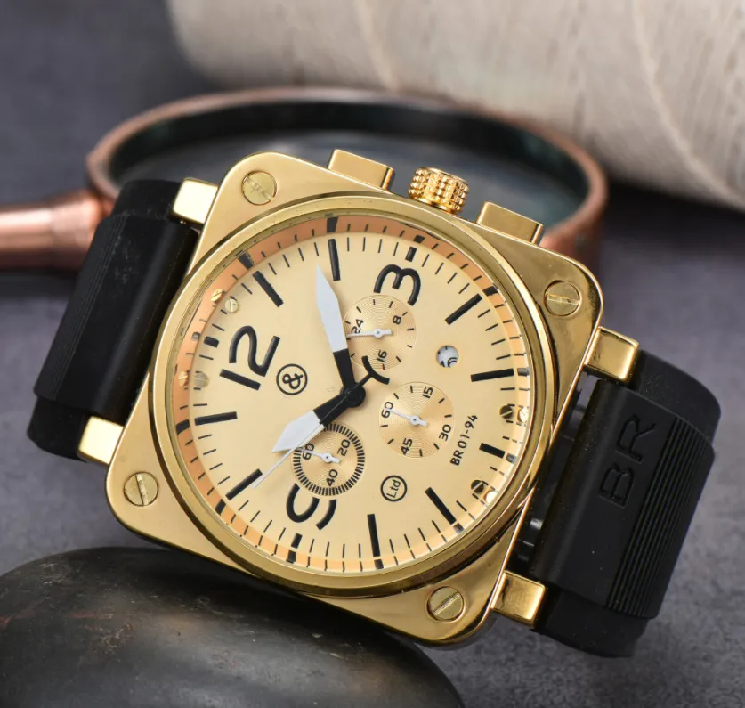 Sex sömmar Luxury Mens Watches Quartz Watch Top Luxury Brand Rubber Belt Relogio Men Fashion Accessories High Quality BR Designer Kalender