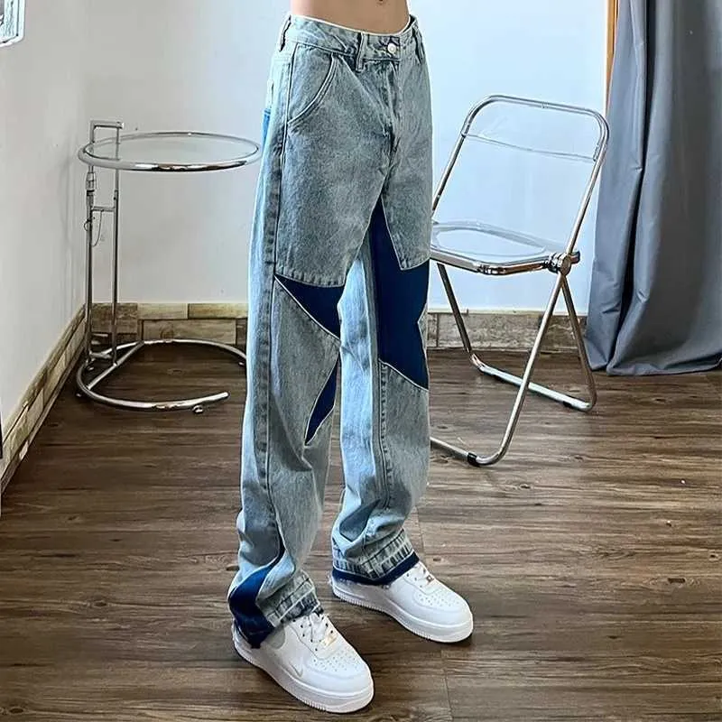 Herrbyxor jeans high street tvättade gamla jeans män amerikansk modemärke fem poäng stjärna stitng löst raka par hip hop byxor g230422