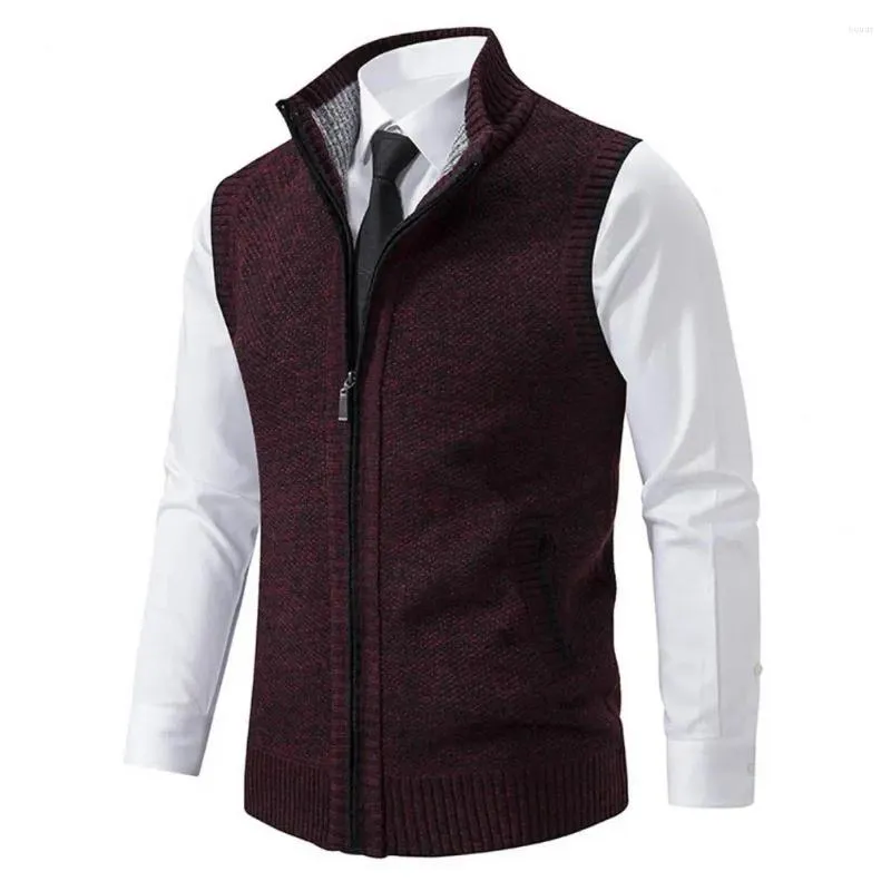 Gilet da uomo con orlo a coste, maglione, gilet, casual, per uomo, elegante, lavorato a maglia, con cerniera, colletto alla coreana, senza maniche