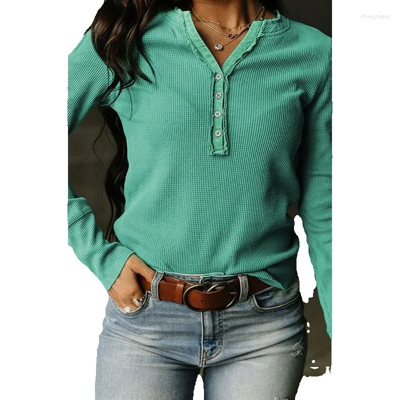 T-shirt à manches longues pour femmes, Style décontracté, couleur unie, tricot gaufré à carreaux, pull à boutons, col en v profond, début d'automne