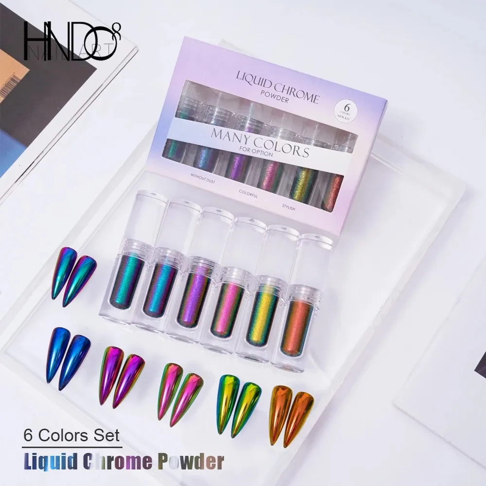 Polveri acriliche liquide HNDO tubetto piccolo, polvere liquida cromata, set da 6 colori, Aurora Chameleon, glitter per unghie, per decorazioni professionali per unghie, pigmento per manicure 231121