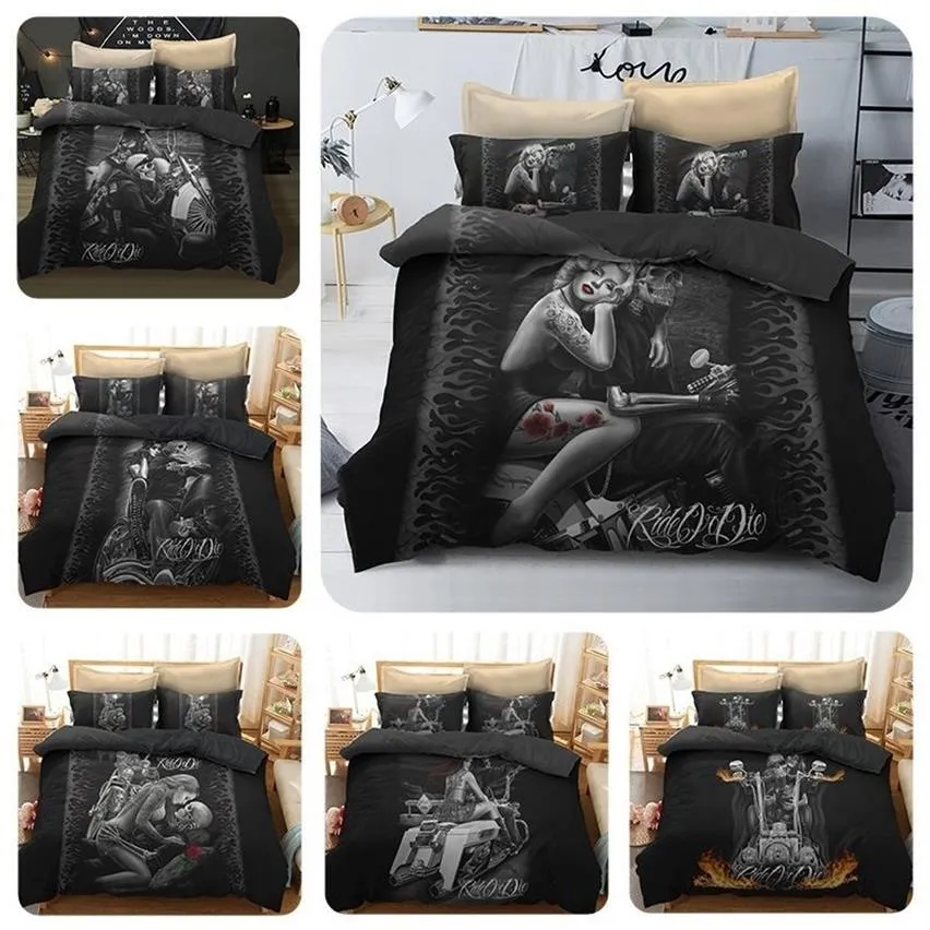 3D Vrouwen En Schedel Beddengoed Sets Suiker Schedel En Motorfiets Dekbedovertrek Bed Cool Skull Print Zwart Beddengoed Bedline Y2004172687