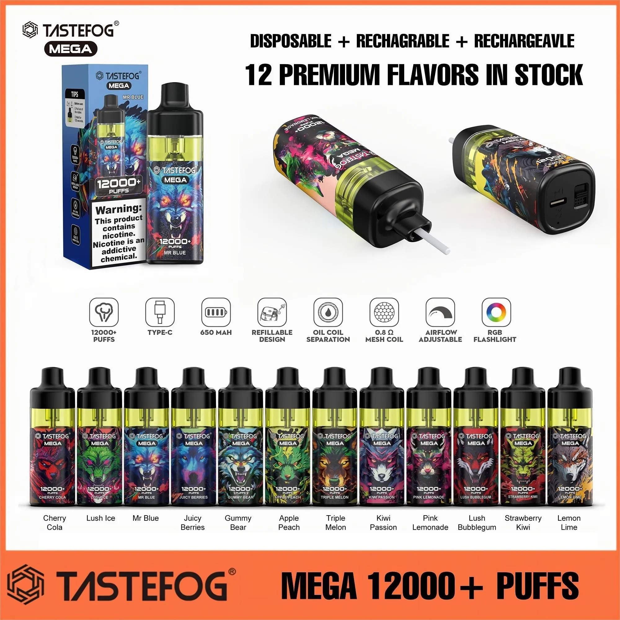 Original Tastefog Mega 12000+ puffs engångsvapspuff 12000 2% mesh spole återfyllningsbar engångscigarett