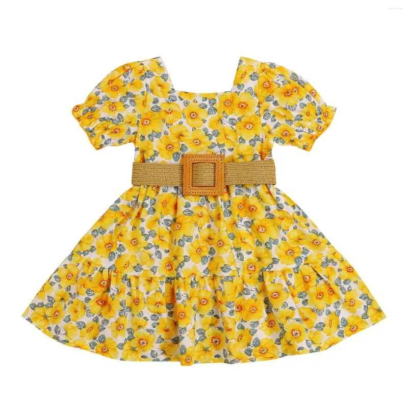 Robes pour filles de 1 à 6 ans, vêtements décontractés, col carré jaune, robe à manches courtes et ceinture