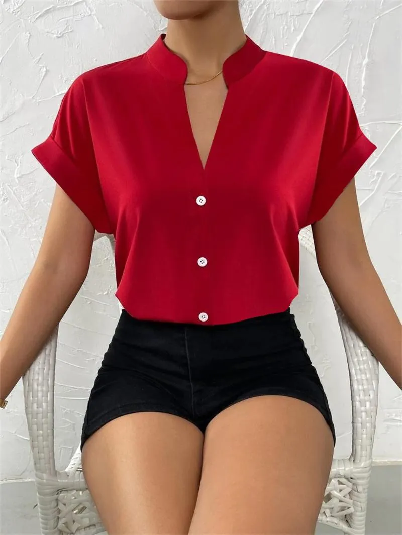 Women's Blouses Elegant Korean Solid Color Short Sleeve Shirt Women Summer Fashion V-Neck Blouse Ladies Office Work Clothes Red Blue Top Y2K