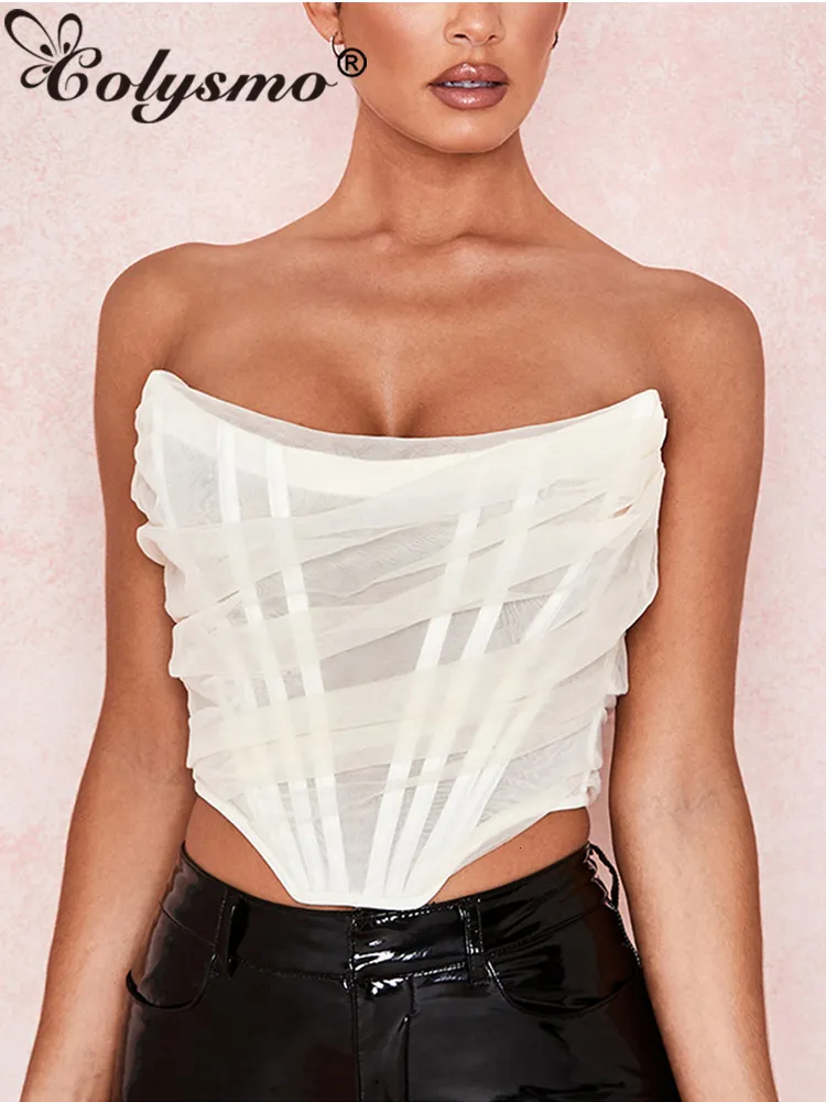 Tanques de las mujeres Camis Colysmo Mesh Crop Top Mujeres Summer s Sexy Party Club Wear Off Shoulder Corset Color sólido Casual Streetwear Tube 230422