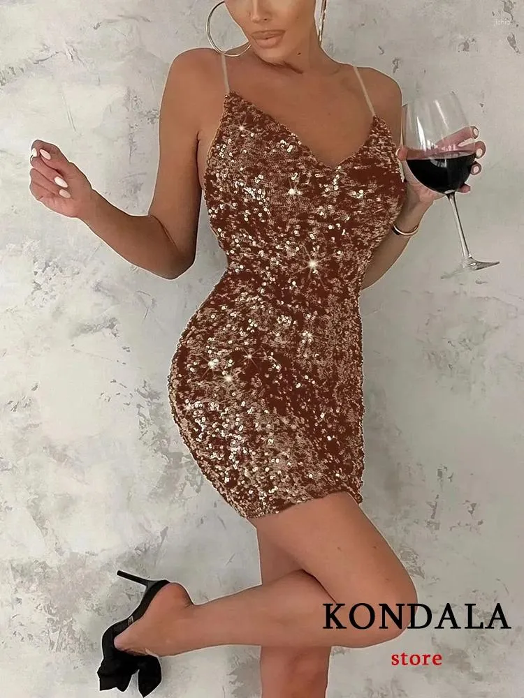 Casual Kleider Kondala Sexy Glänzende Pailletten Mantel Party Mini Kleid Frauen Mode 2023 Backless V-ausschnitt Elegante Nacht Club Cami