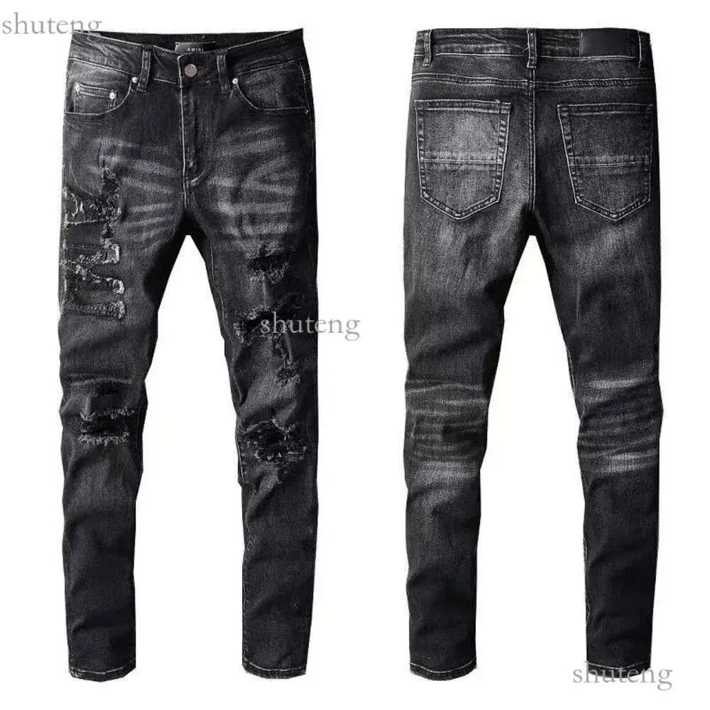 Designers Jeans Mens Jeans High Street Purple Jeans For Mens Brodery Pants Womens Oversize Ripped Patch Hole Denim Straight Fashion 510