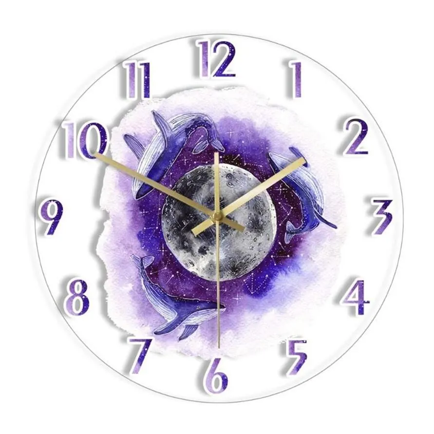 Horloges murales Baleines à bosse avec la lune Horloge acrylique imprimée Violet Fantasy Artwork Montres pour salon Quartz silencieux2403