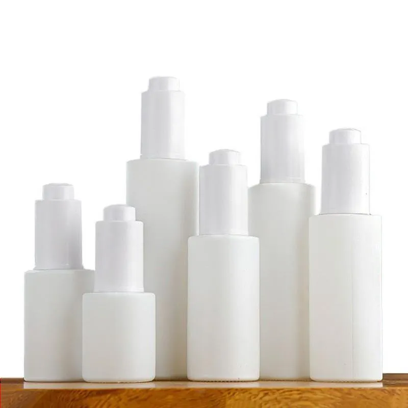 Frascos de vidro branco de ombro plano com conta-gotas de pipeta de imprensa para óleos essenciais Soro Perfume Líquido cosmético 20ml 30ml 50ml 80ml 100ml Mttw
