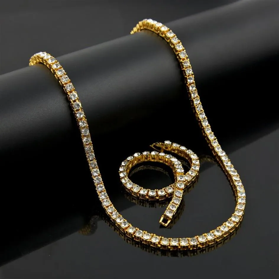 Hip Hop 1 Reihe Bling Tennis Kette Halskette Armband Set Herren Dame Gold Silber Schwarz Simulierter Diamant Jewelry240N