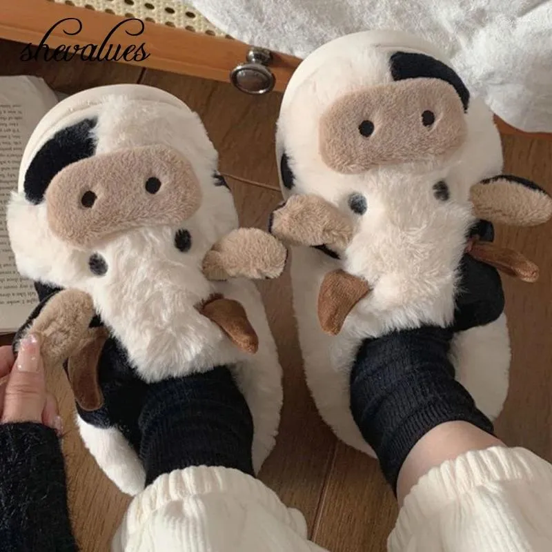 Chinelos shevalues bonito vaca quente pelúcia para mulheres inverno moda kawaii peludo algodão amantes dos desenhos animados sapatos de casa interior