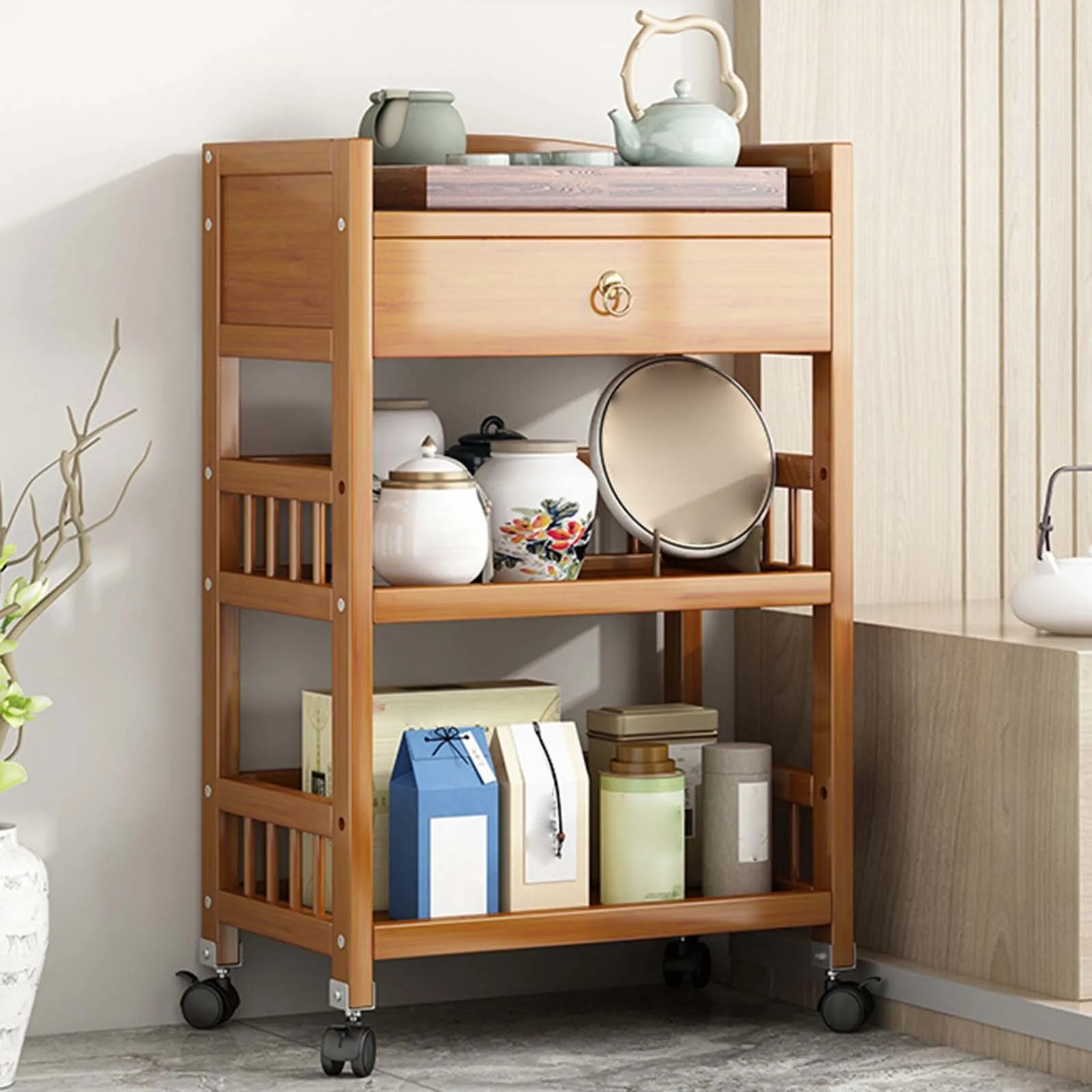Wooden Corner Cabinet with Wheels 3 Tier Tea Table for Living Room Dining Room Sofa Side High Quality