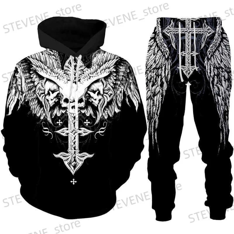 Survêtements pour hommes Gothic Skull Tattoo 3D Sweat à capuche imprimé / Survêtement Mode Hommes Moto Biker Sportswear Set Cool Graphic Sweatshirt + Pantalon Costume T231122