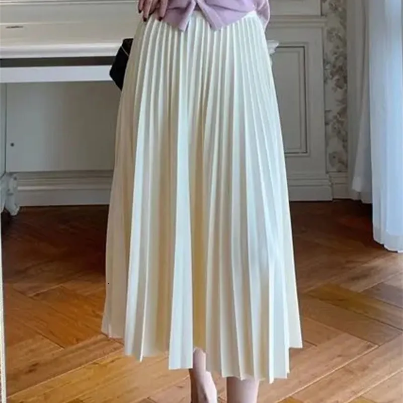Юбки yitimoky White плиссированные длинные юбки для женщин японская корейская элегантная модная эластичная эластичная группа Midi Harajuku Юбка 230422