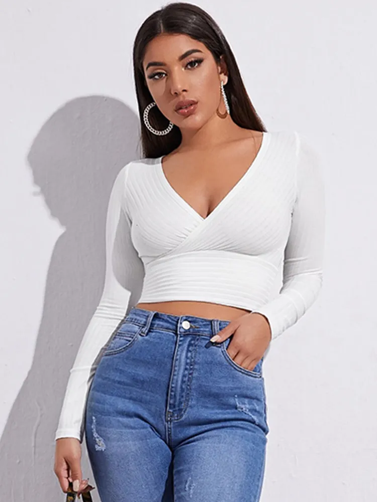 Damska koszulka dla kobiet swobodne solidne uprawy z długim rękawem moda moda V-Collar Bare Midriff Stretch Tops Bilded Elastyczne szczupłe koszulki 230422