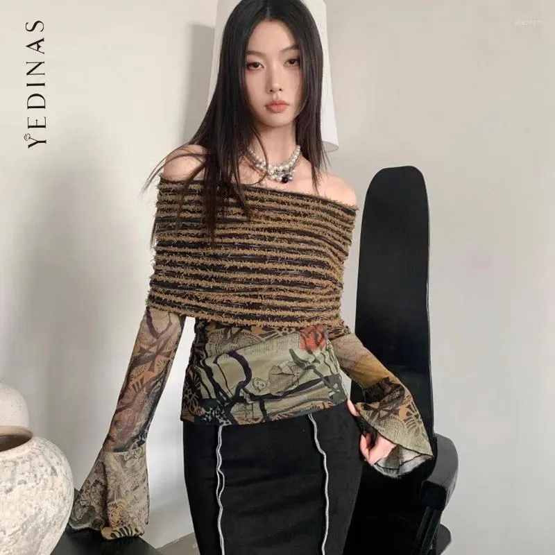 Women's T Shirts Yedinas Off Shoulder Shirt Women Clothes Long Sleeve Indie Folk Flare Mesh Tops Patchwork Knitted Grunge Tees Y2k