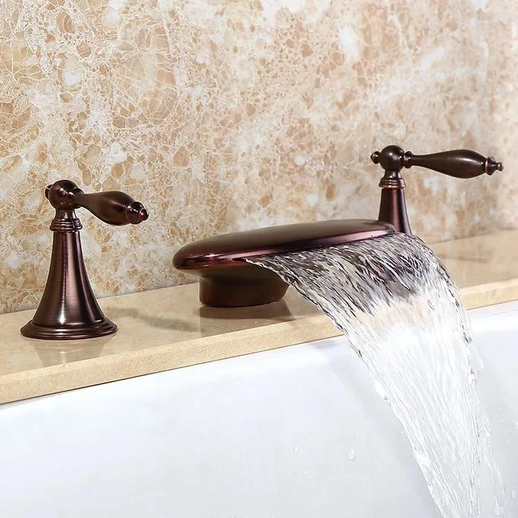 Rubinetti per lavandino del bagno Rubinetto a cascata in ottone massiccio marrone antico con doppia maniglia a tre fori Miscelatore per lavabo di alta qualità