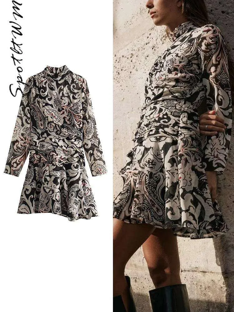 Mini robe plissée à imprimé floral pour femmes, demi-col, manches longues, taille haute, Chic, tenue de vacances