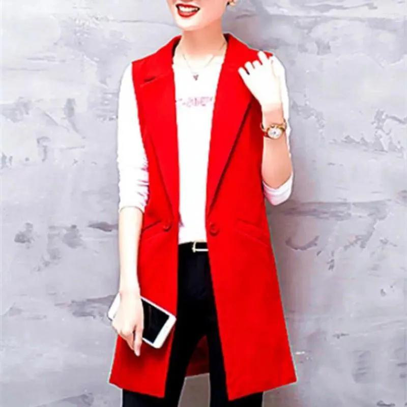 Women's Suits Women Vest Jacket Solid Color Elegant Sleeveless Suit Coat Mid-length Lapel With Thin Pockets Formal