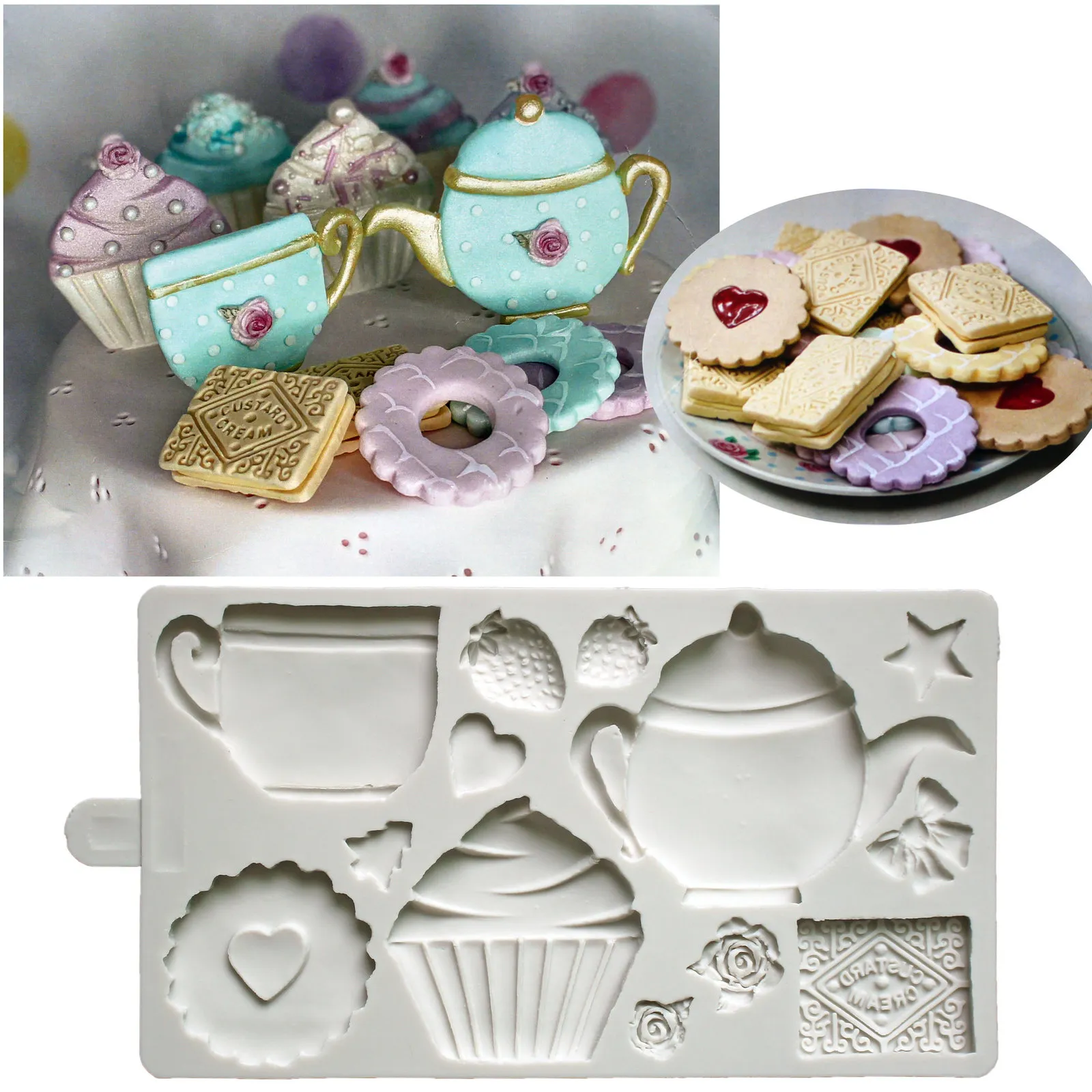 Baking Moulds Afternoon Tea Pot Biscuits Silicone Mold Fondant Cake Decorating Mould Clay Sugarcraft Chocolate Baking ToolKitchenware 230421